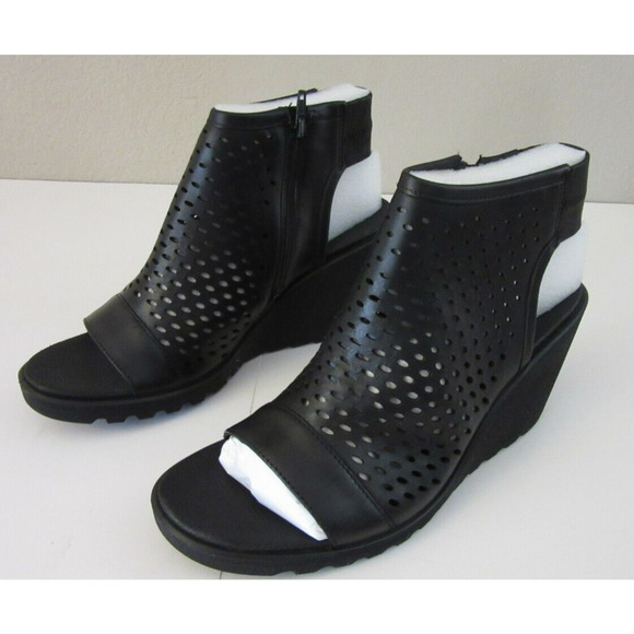 ECCO Women's Black Leather Freja Wedge Side Zip Open Toe Sandals 41 EU 10-10.5 - Picture 1 of 7